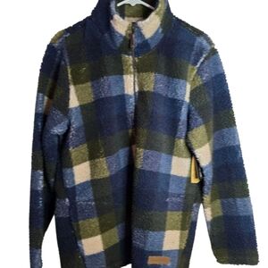 Noble Outfitters Women's Sherpa Pullover Jacket Olive/Navy Plaid Ranchwear Sz L